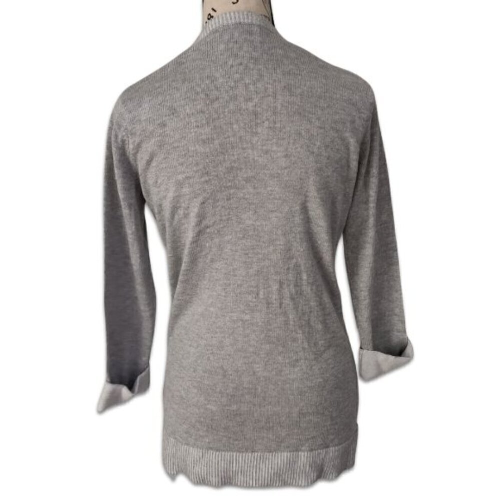 Tahari Asymmetrical Hem Roll Cuff Knit Sweater Cotton Two Tone Grey S - Picture 3 of 9